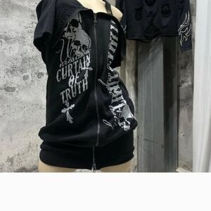 Black Zip-Up Graphic Off The Shpulder Top with Skull Print. M